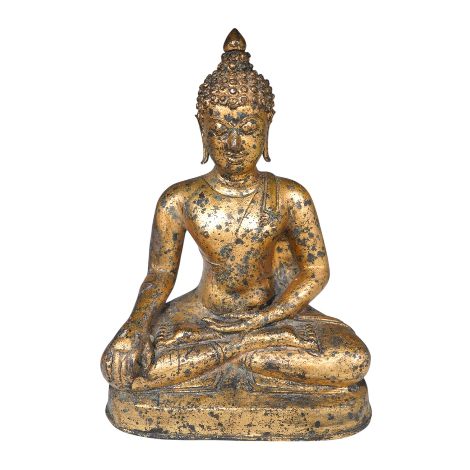 A Chinese gilt bronze figure of seated Buddha, 33cm high. Condition - fair, some holes